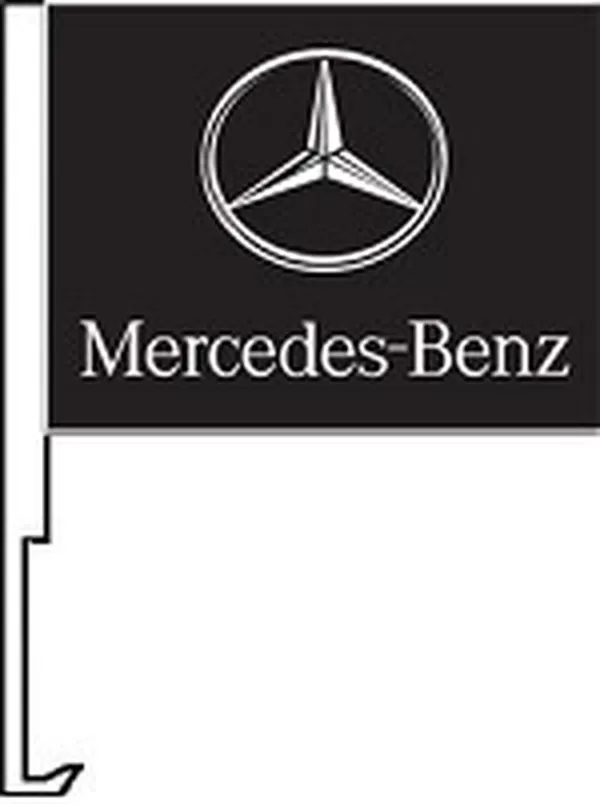 Mercedes-Benz logo on a black flag with a car window clip-on staff