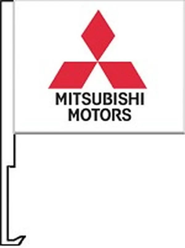Mitsubishi Motors logo on a white flag with a car window clip-on staff