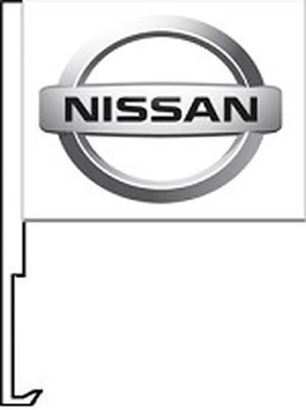 Nissan logo on a white flag with a car window clip-on staff