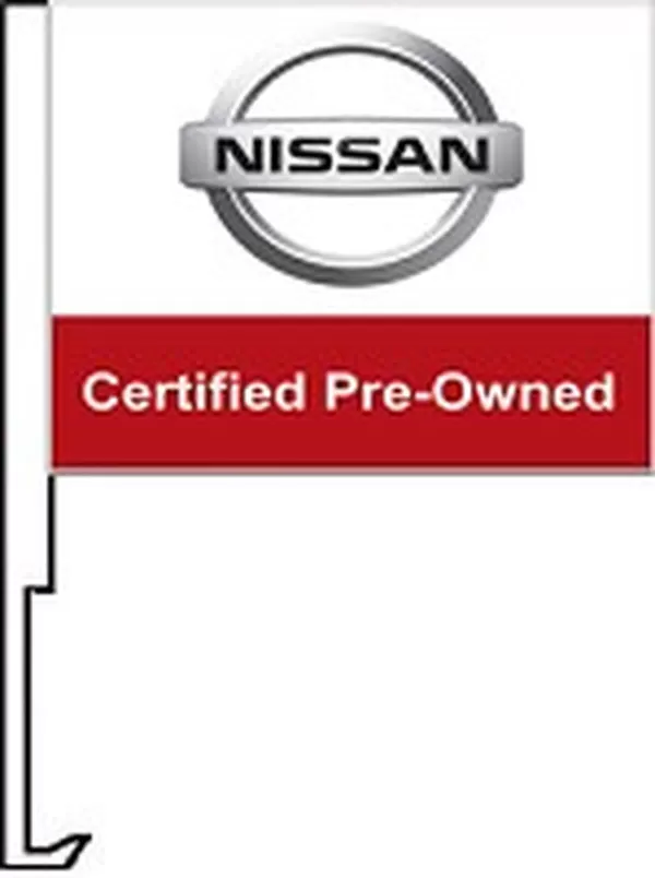 Nissan Certified Pre-Owned flag with a car window clip-on staff