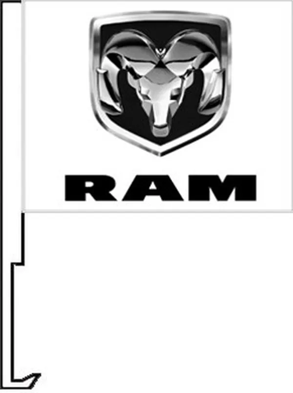 Ram logo on a white flag with a car window clip-on staff