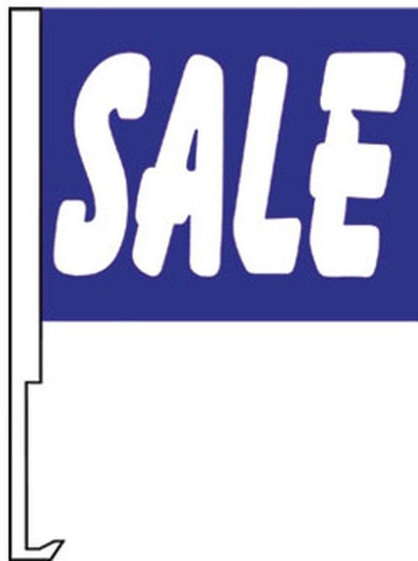 Blue Sale flag with white lettering with a car window clip-on staff