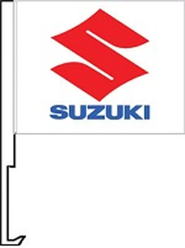 Suzuki logo on a white flag with a car window clip-on staff