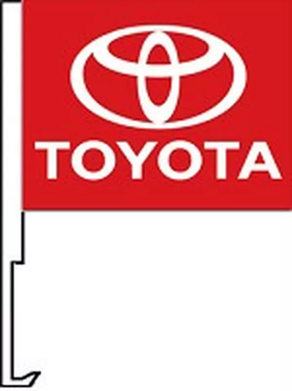 White Toyota logo on a red flag with a car window clip-on staff
