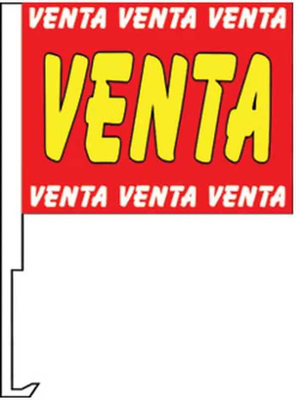 Red Venta window flag with yellow lettering and a white clip-on staff
