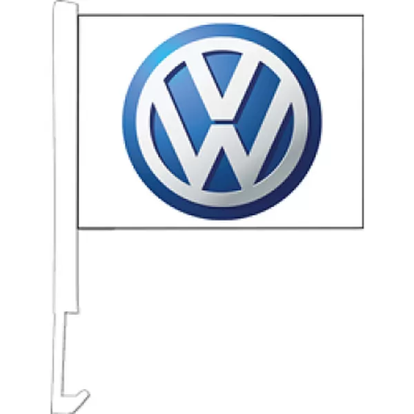 Blue Volkswagen VW logo on a white flag with a car window clip-on staff
