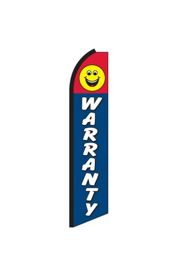 Blue Warranty feather flag with white lettering and a yellow smiley face, CBS-0100
