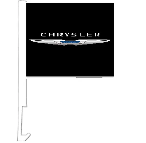 White Chrysler wing logo on a black flag with a car window clip-on staff