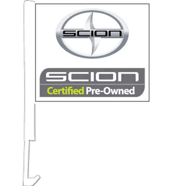 Scion Certified Pre-Owned flag with a car window clip-on staff