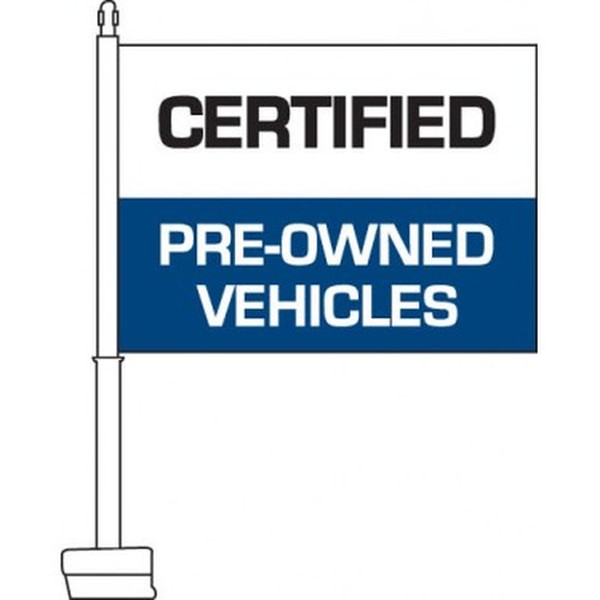 Blue and white Certified Pre-Owned Vehicles flag with a car window clip-on staff