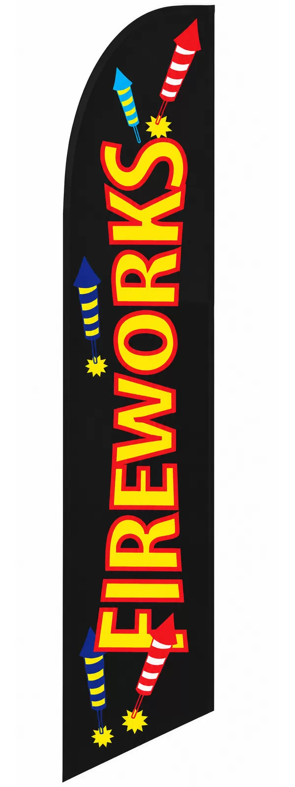 Black Fireworks feather flag with red and yellow lettering and colorful rocket graphics