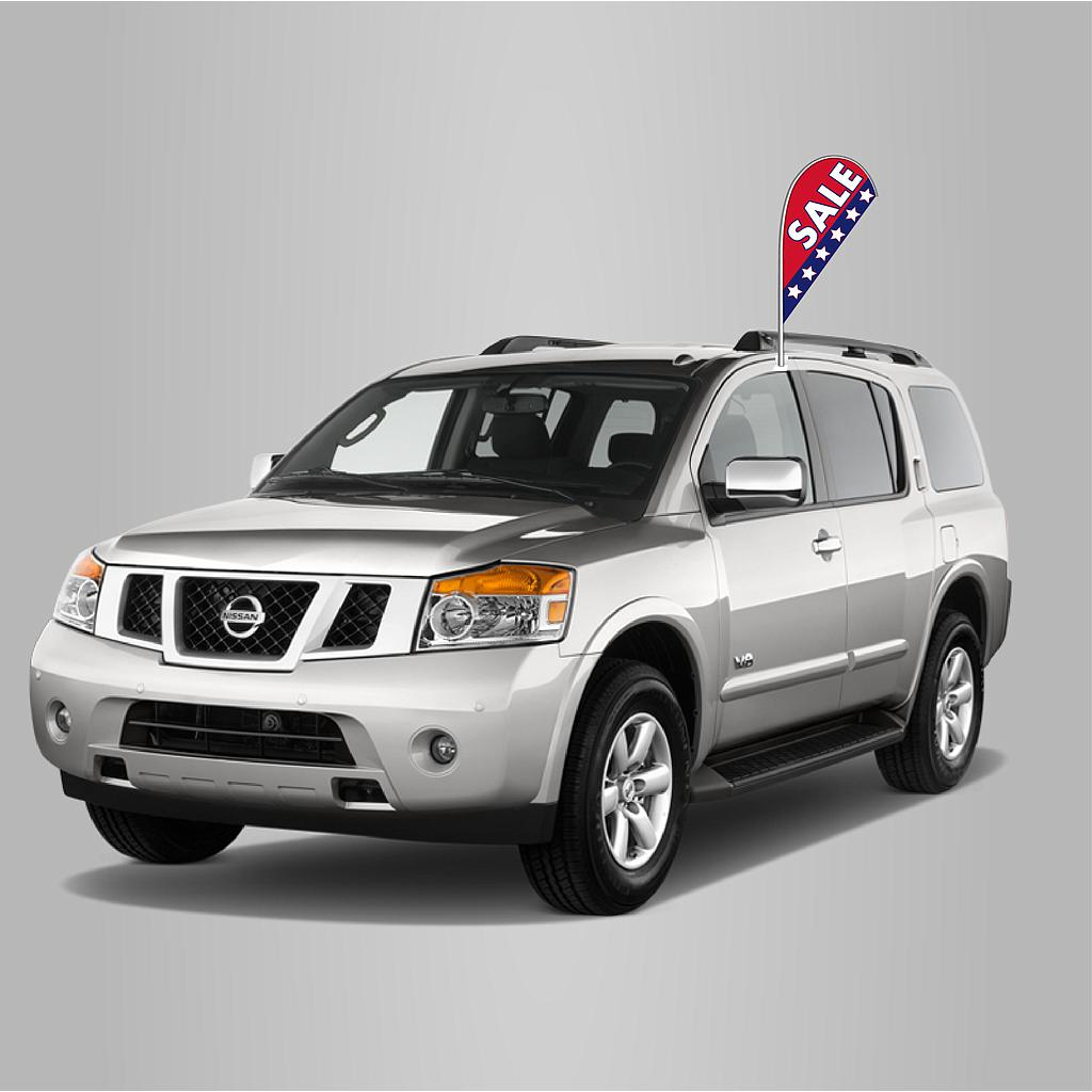 Patriotic Sale teardrop car window flag shown mounted on a display vehicle