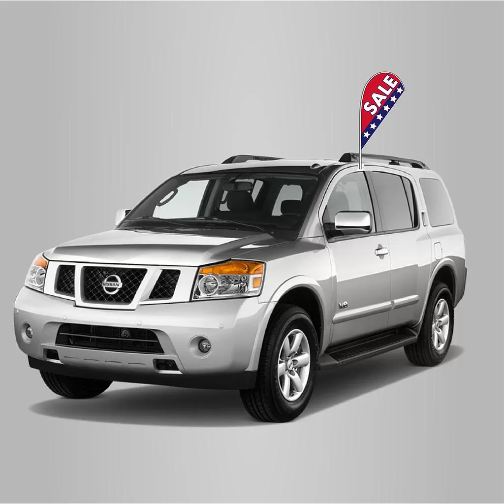 Patriotic Sale teardrop car window flag shown mounted on a display vehicle