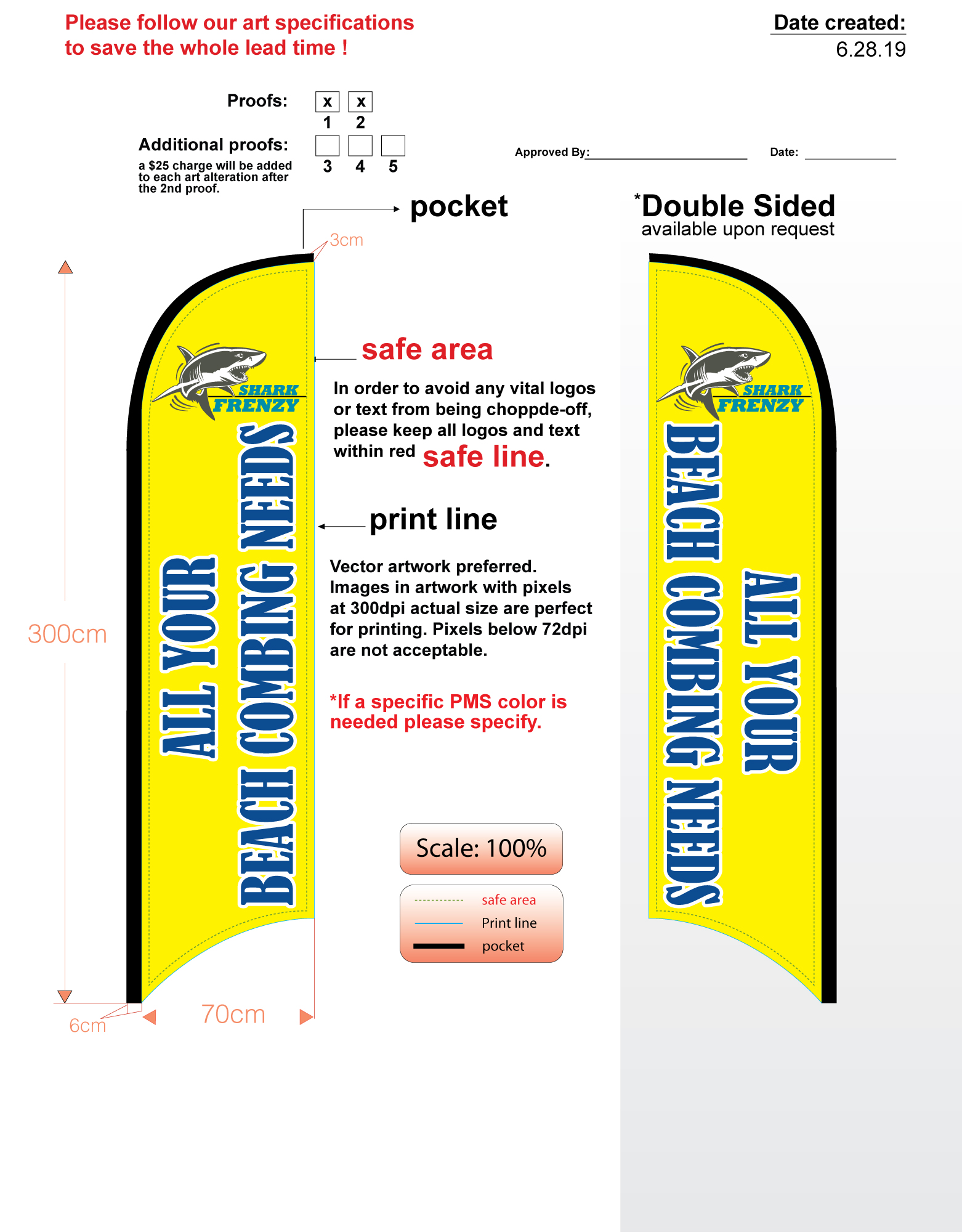 Custom Beach Combing Sharks Med Double-sided Feather Flag Kit Includes Flag, Flagpole, Mounting-base, & Carry-case