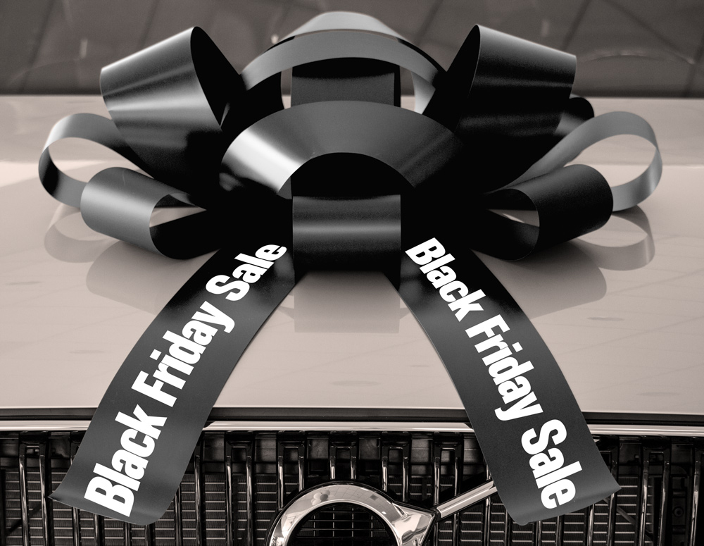 Black 30-inch magnetic car bow with white Black Friday Sale lettering on both tails
