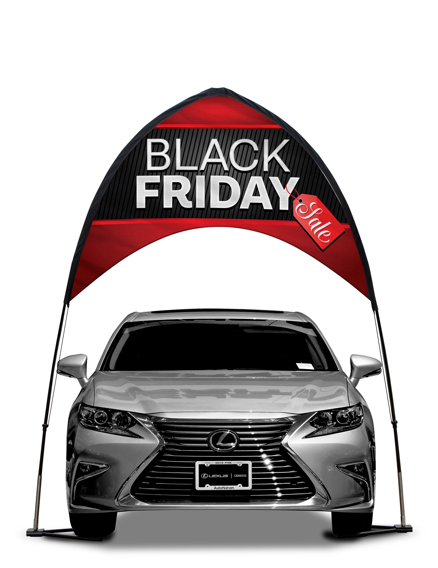 Black Friday Sale arch banner with black and red artwork displayed over a vehicle