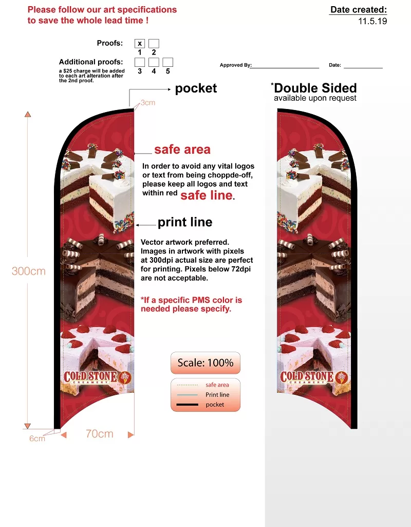 Custom Cold Stone Cakes Double-sided Feather Flag Kit With Flag, Flagpole, Mounting Base, & Carry-case