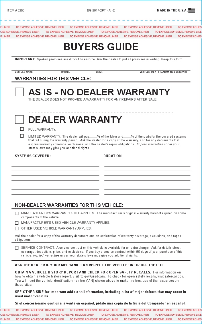 As-Is Buyers Guide form 8250, 2017 revision, with vehicle and warranty information fields