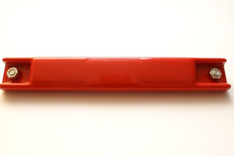 Red rubber-coated license plate bar magnet with a mounting bolt at each end