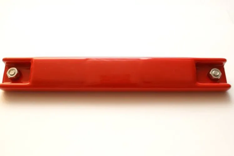 Red rubber-coated license plate bar magnet with a mounting bolt at each end