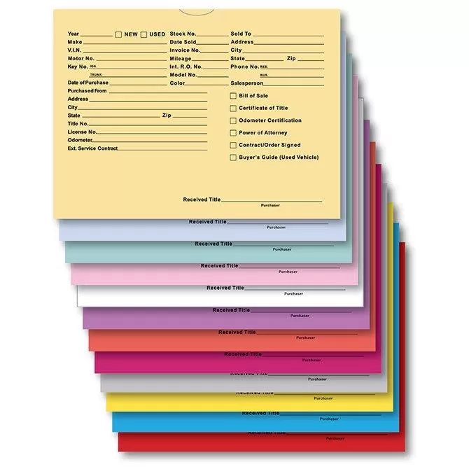 Dealer record envelopes in multiple colors with printed vehicle record fields