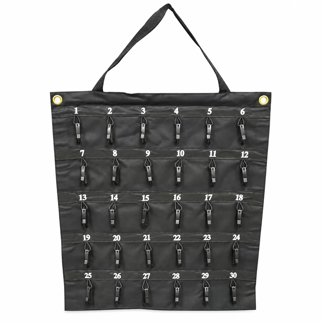 Black rollable vinyl key case with a carry strap, top grommets and 30 numbered safety hooks