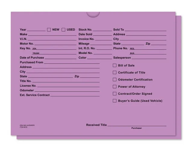 Lavender dealer record envelope with printed vehicle information fields