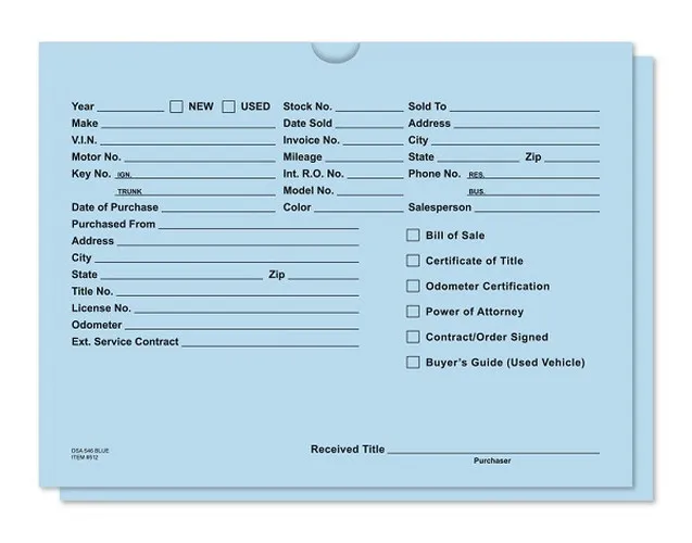Blue dealer record envelope with printed vehicle information fields