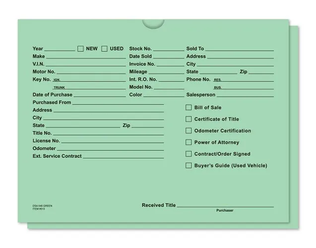 Green dealer record envelope with printed vehicle information fields