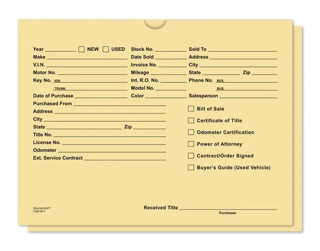 Buff dealer record envelope with printed vehicle information fields