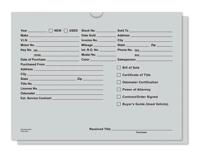 Gray dealer record envelope with printed vehicle information fields