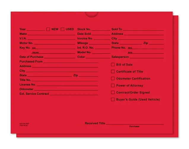 Red dealer record envelope with printed vehicle information fields