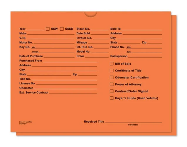 Salmon dealer record envelope with printed vehicle information fields