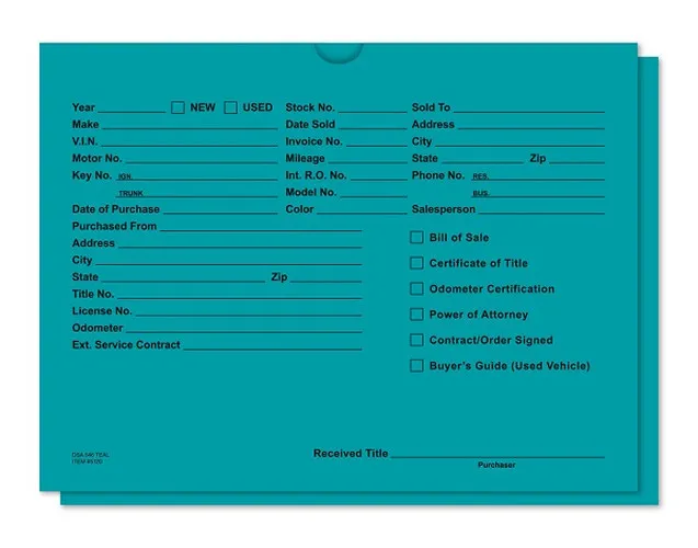 Teal dealer record envelope with printed vehicle information fields