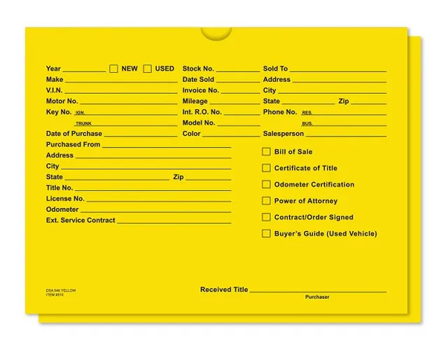 Yellow dealer record envelope with printed vehicle information fields