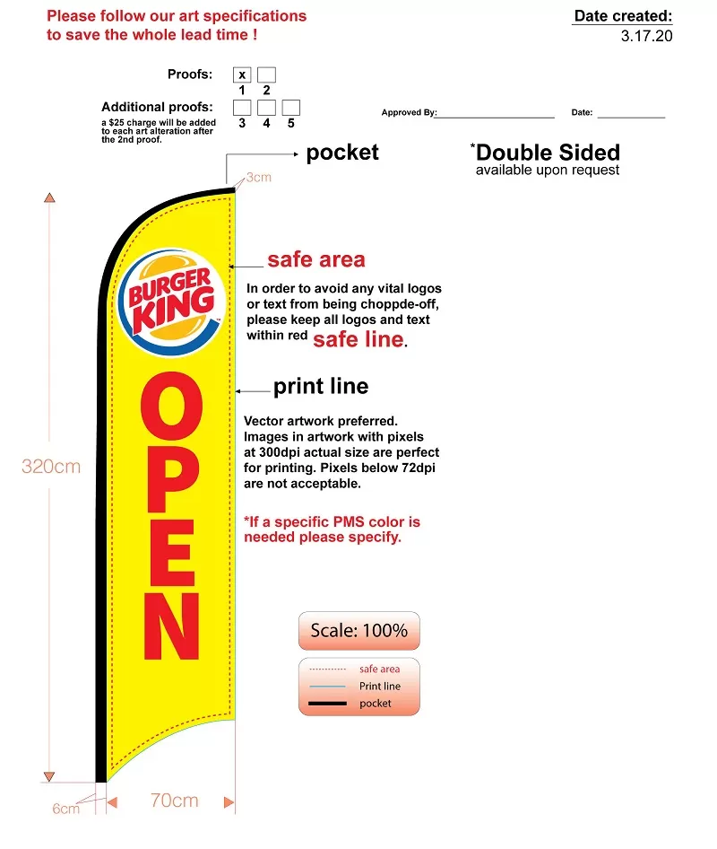 Burger King Yellow Open Single Sided Feather Flag includes flagpole and mounting base