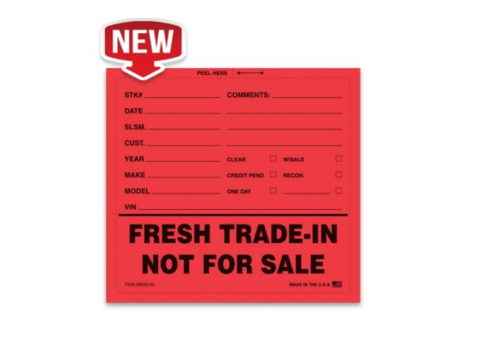 Red Fresh Trade-In Not for Sale window sticker with vehicle information fields, item 8245-03