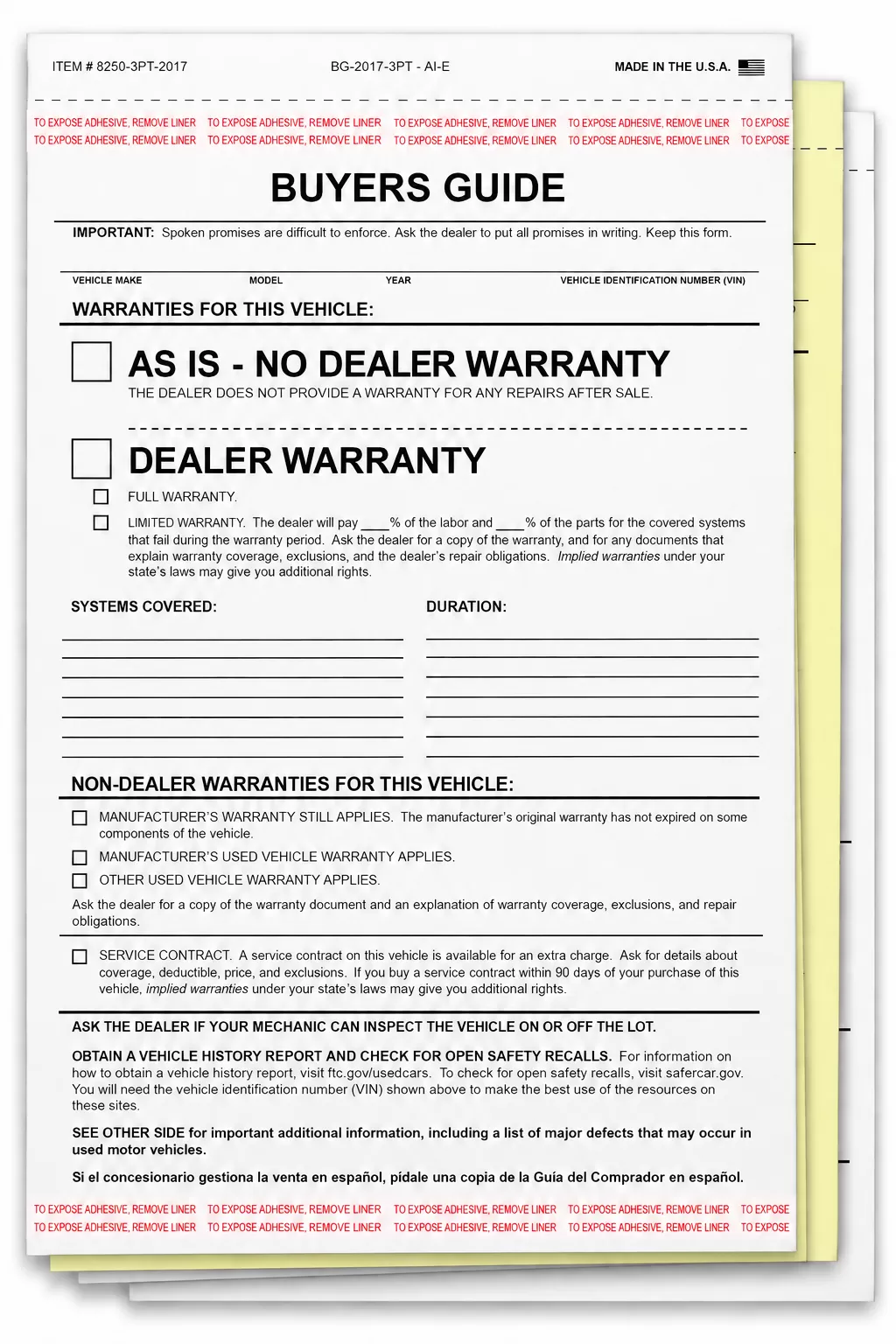 Three-part plain As-Is Buyers Guide forms, model 8250-3PT-2017