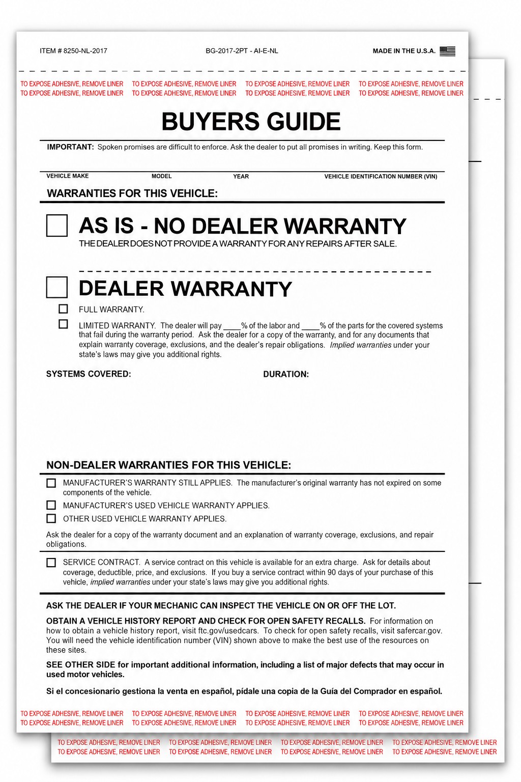 Two-part As-Is Buyers Guide forms, no-lines style, model 8250-NL-2017