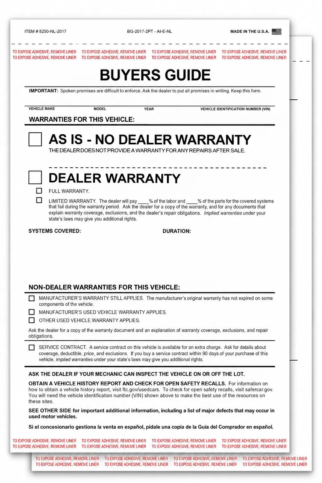 Two-part As-Is Buyers Guide forms, no-lines style, model 8250-NL-2017