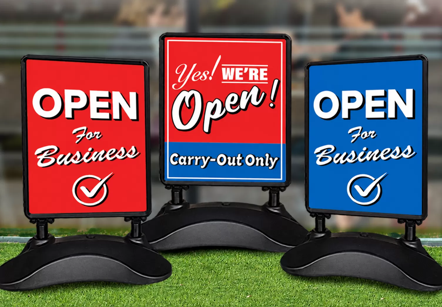 Three message board designs with bases: red and blue Open for Business and Yes We Are Open Carry-Out Only