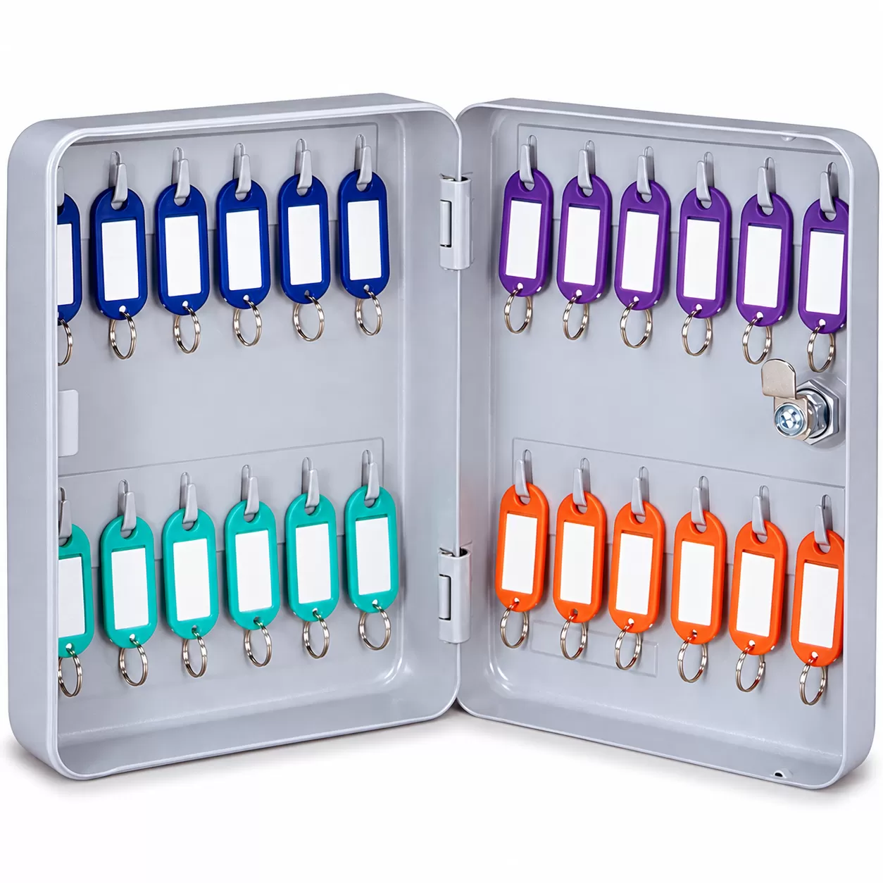 Open gray 24-hook key cabinet with blue, purple, green and orange identification tags