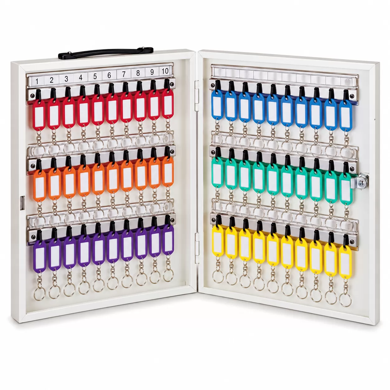 Open white 60-hook key cabinet with a carry handle and six rows of colored identification tags