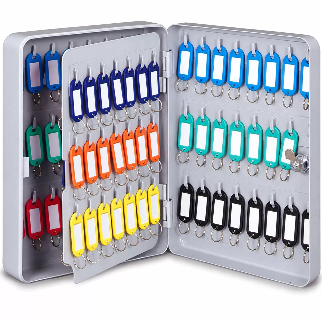 Open gray 90-key cabinet with a hinged center panel and rows of multicolored key tags