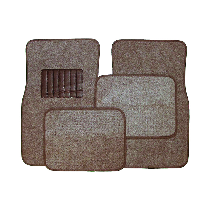 Four-piece mocha carpet floor mat set with driver heel pad