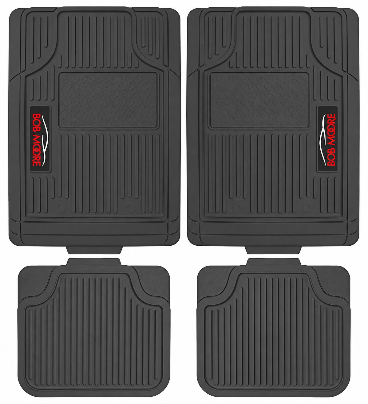 Four-piece black rubber floor mat set with sample red logos on the front mats