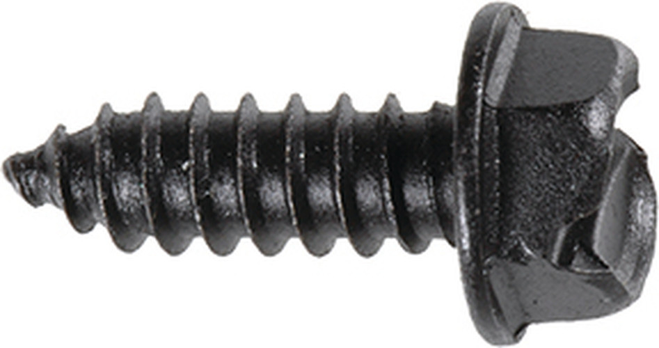 Black E-coated license plate screw with a slotted hex washer head