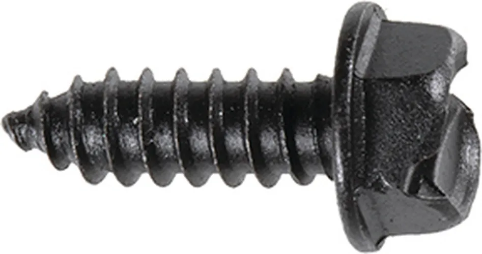Black E-coated license plate screw with a slotted hex washer head