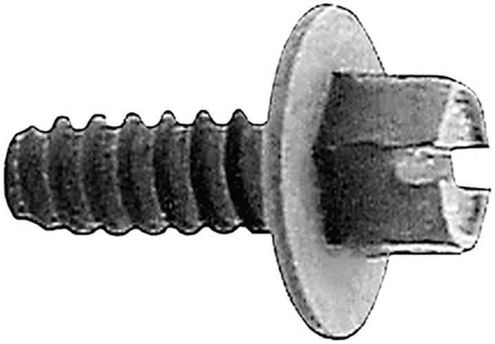 Slotted hex washer-head license plate screw shown from the side