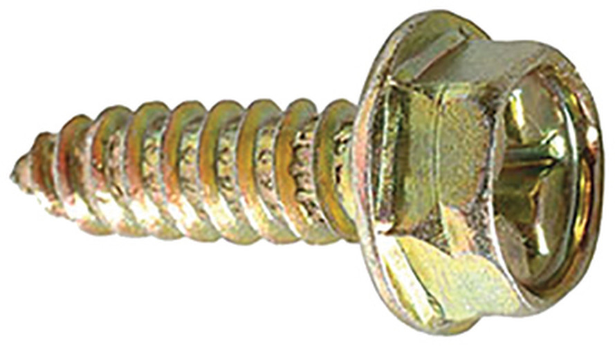 Yellow zinc-finished license plate screw with Phillips hex washer head